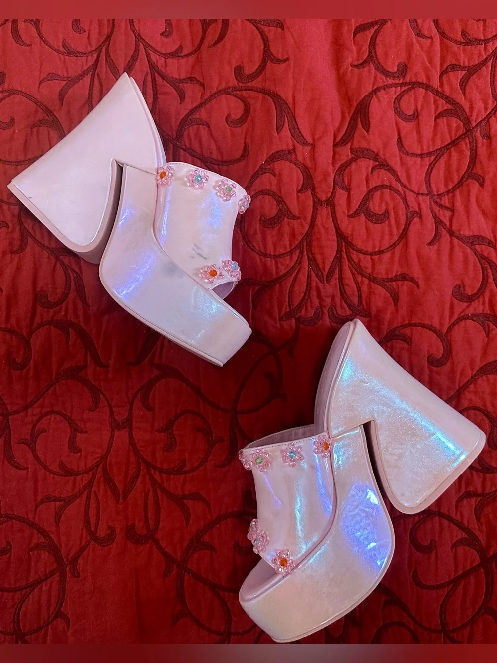 Sugar Thrillz Iridescent Pink Platform Slide Sandals with Floral Gem Details